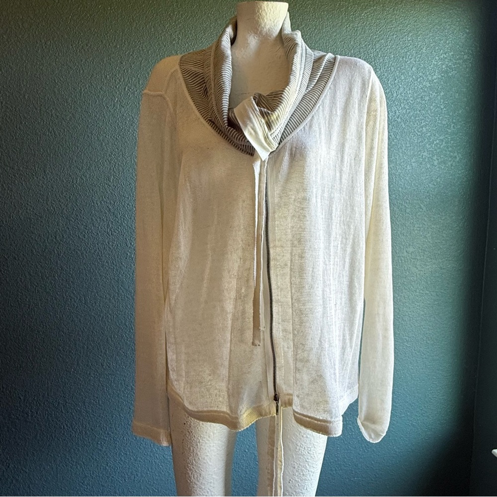 Annette Gortz White Mesh Sheer Zip Up Top Jacket Cowl Neck Light Weight Size XL